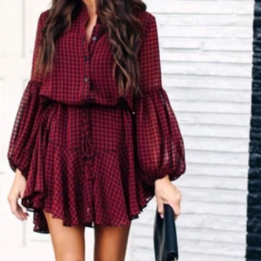 Plaid balloon sleeve dress